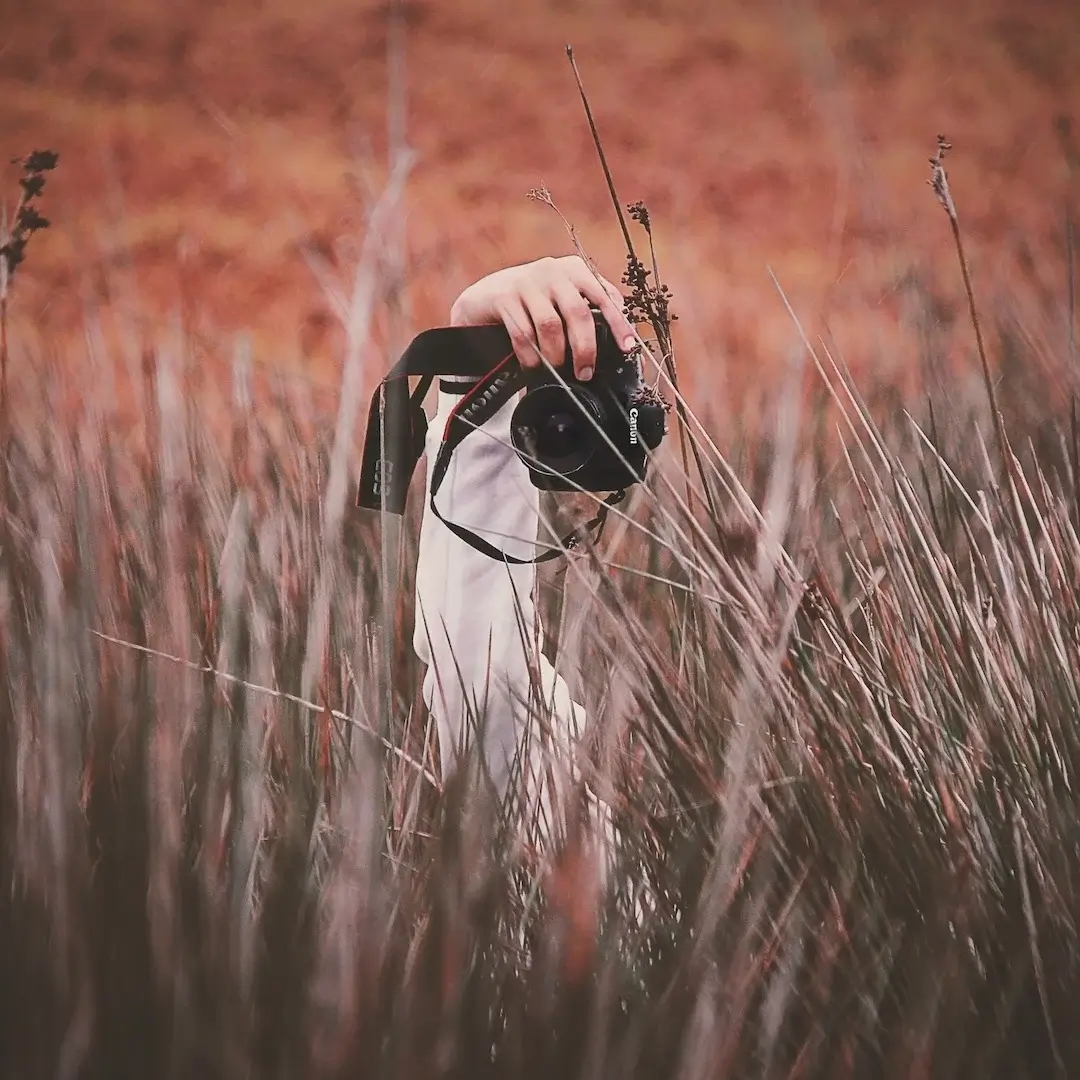 A person holds a camera up in a field of tall brown grass.