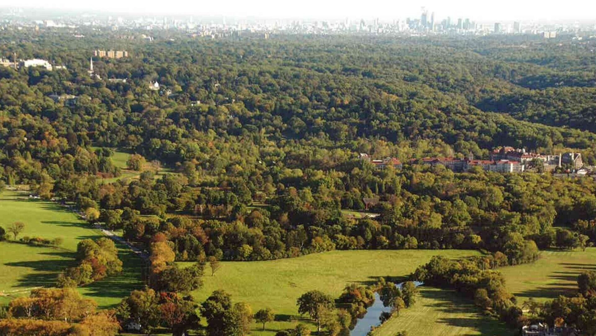 Aerial view of a sprawling farm with woodlands behind and city in the far background