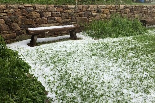 hail on green grass, a wooden bench, and a short stone wall