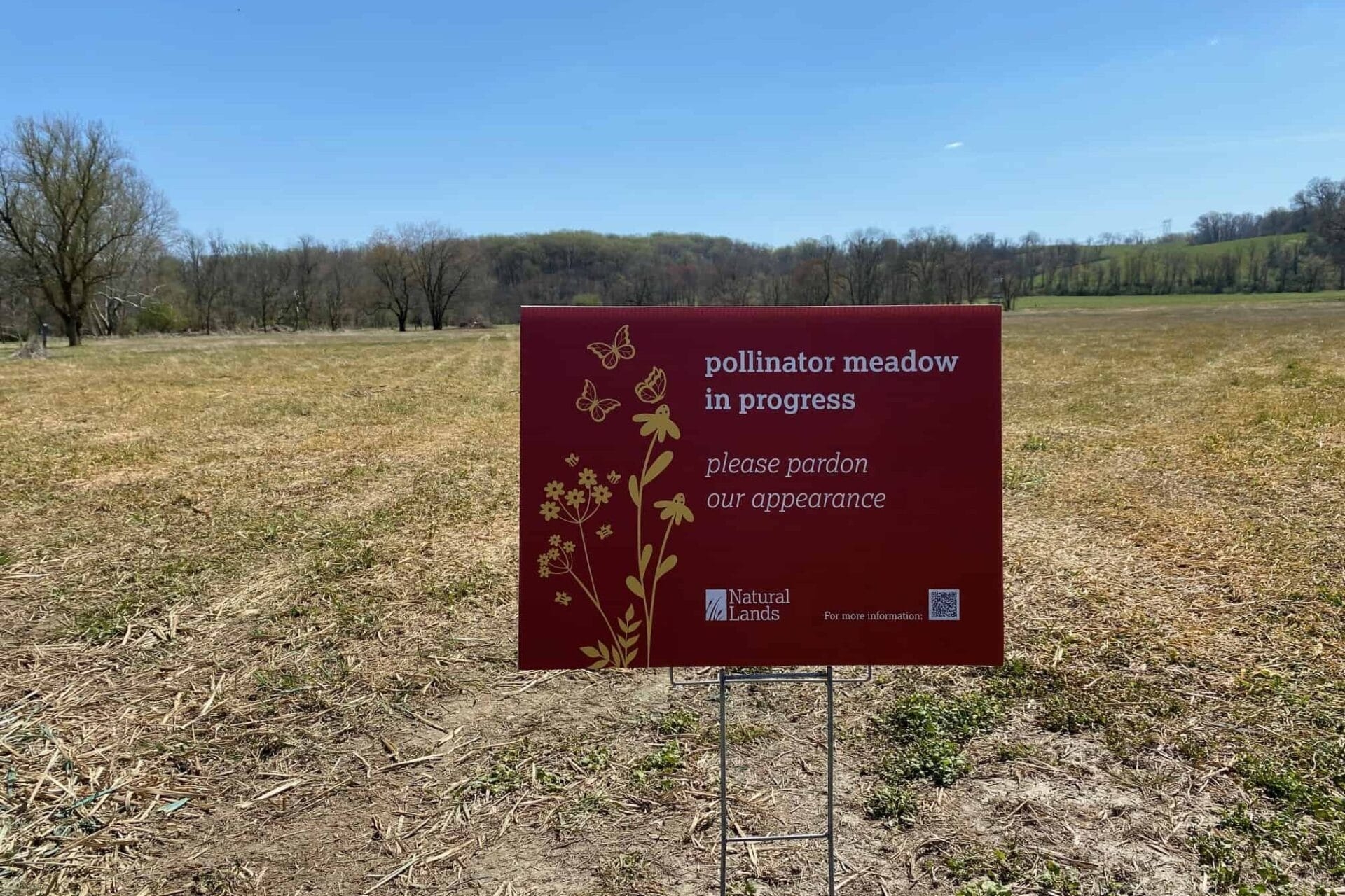 A dark red sign reads: "pollinator meadow in progress, please pardon our appearance" and it's in a dry meadow with blue sky above.