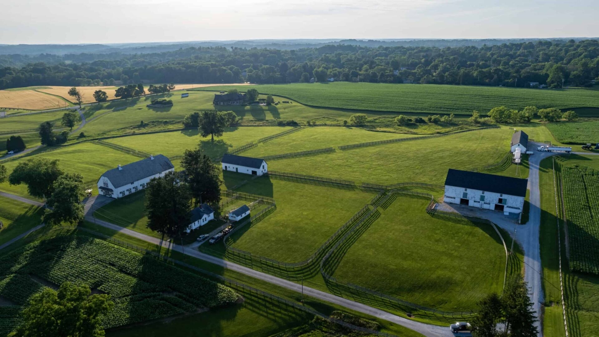 Drone photo of the green landscape of a sprawling farm with white farmhouses.