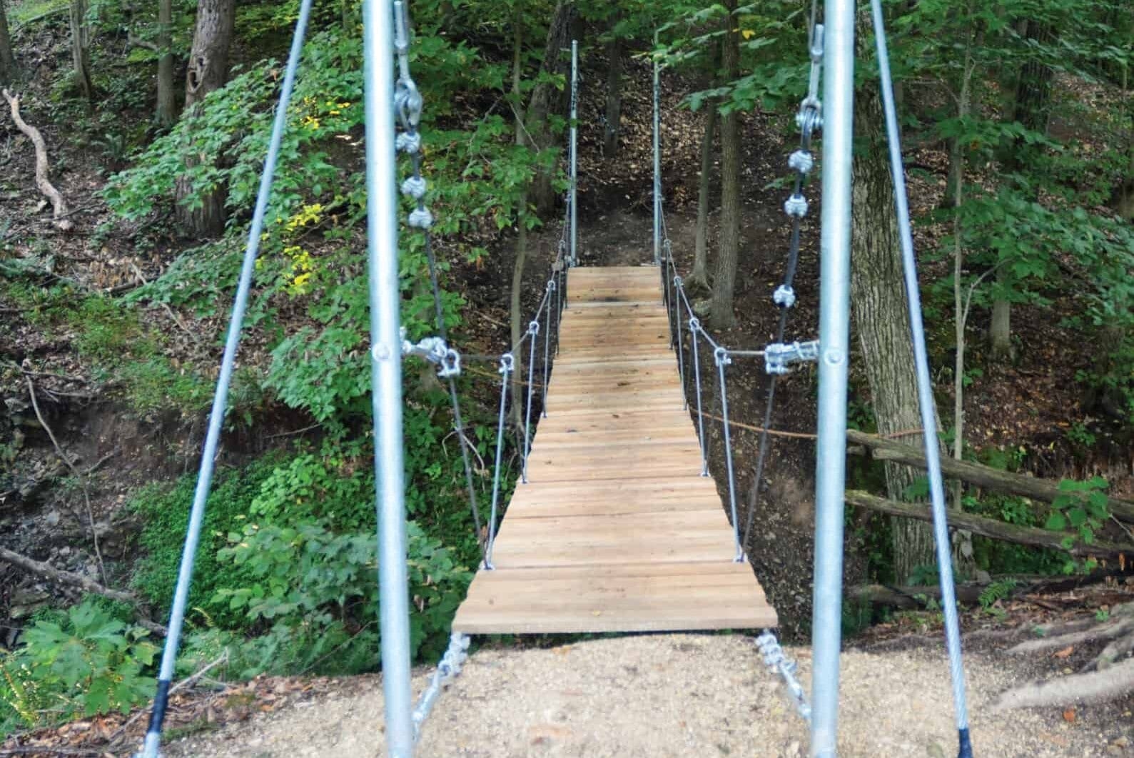 A wooden and metal suspension bridge crosses a creek in the shady forest.