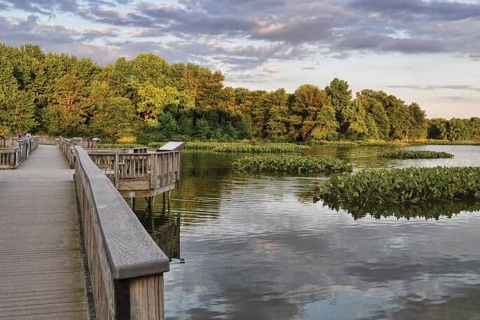A wooden boardwalk crosses over a body of water with trees in the distance. The sky is reflected in the water.