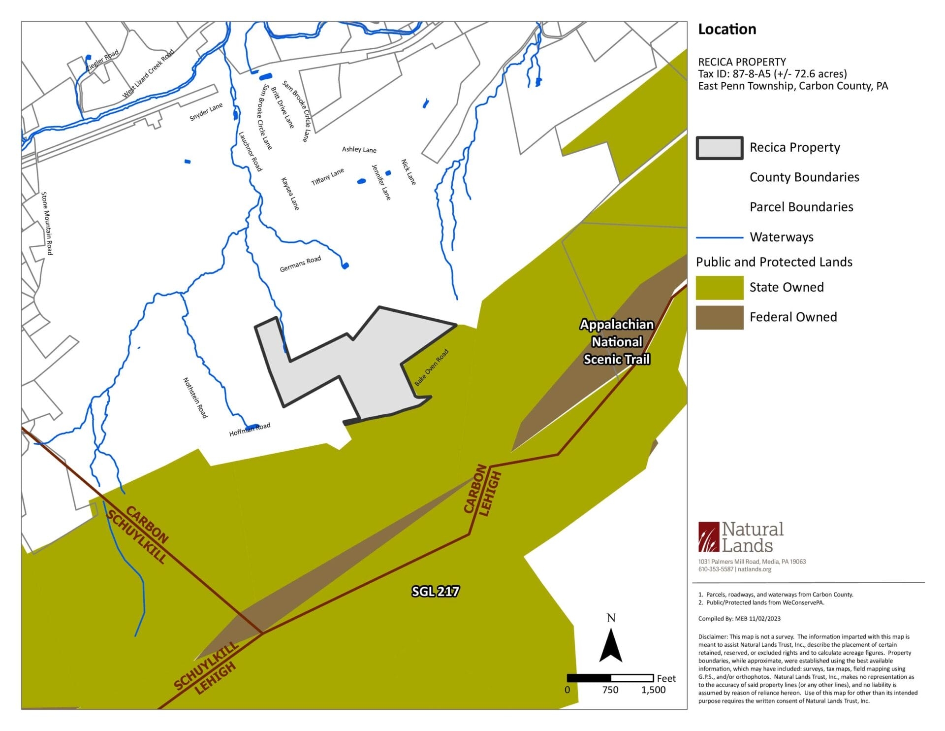 Natural Lands map of the Recica property and its proximity to PA State Game Lands.
