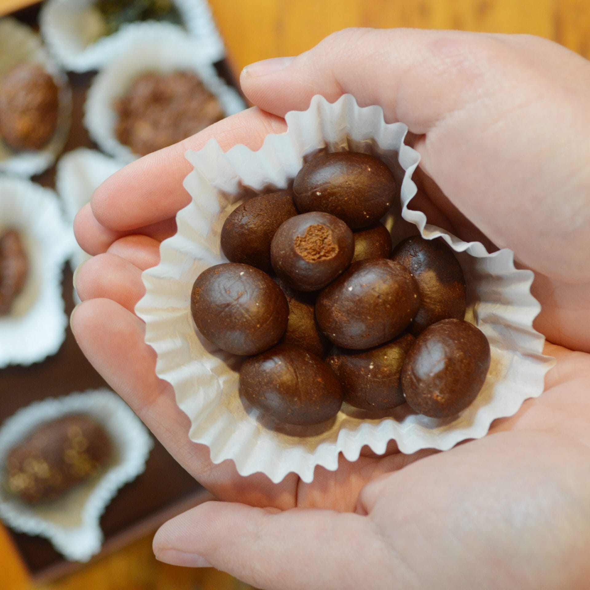 Hands holding chocolate candies