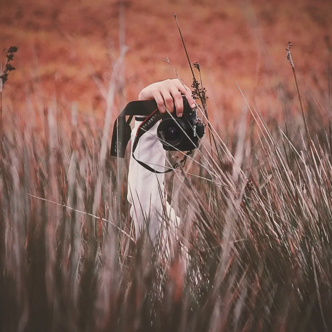 A person holds a camera up in a field of tall brown grass.