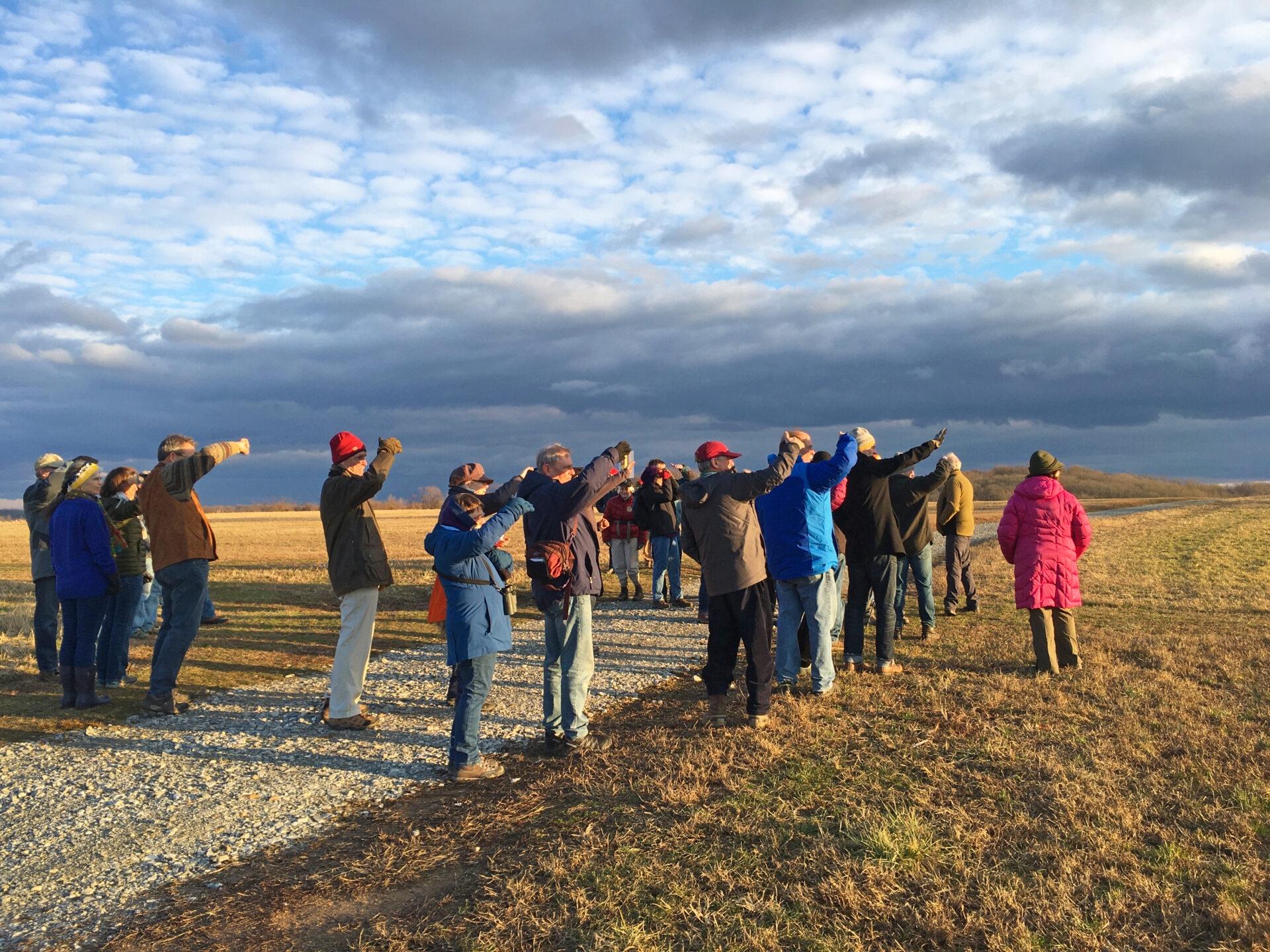 a group of people wearing winter coats all looking in the same direction with their hands up to block the sun in an open field